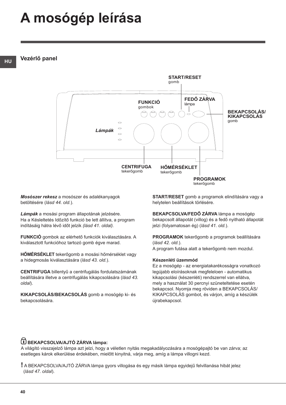 A mosógép leírása, Vezérlő panel | Indesit WITL 125 User Manual | Page 40 / 72
