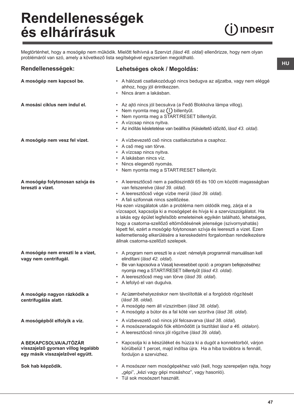 Rendellenességek és elhárírásuk | Indesit WITL 125 User Manual | Page 47 / 72