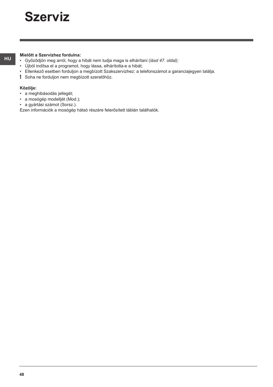 Szerviz | Indesit WITL 125 User Manual | Page 48 / 72