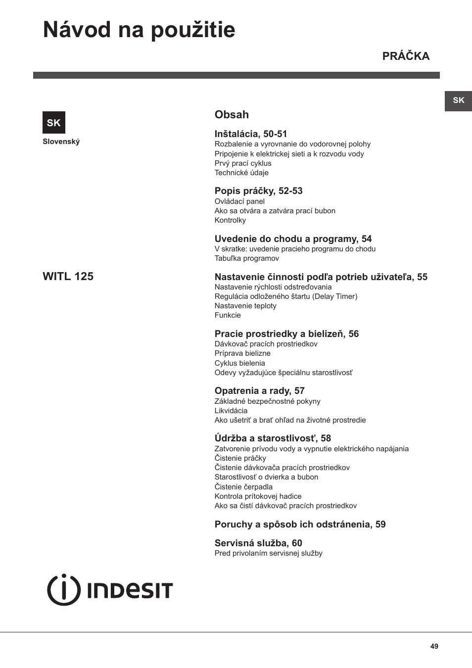 Indesit WITL 125 User Manual | Page 49 / 72