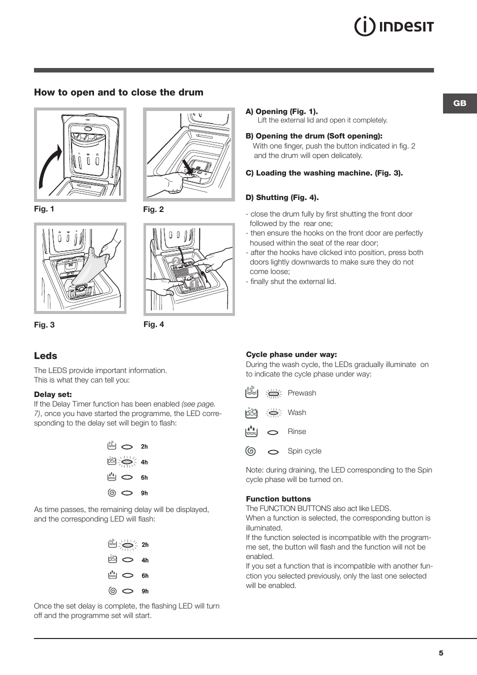 How to open and to close the drum, Leds | Indesit WITL 125 User Manual | Page 5 / 72