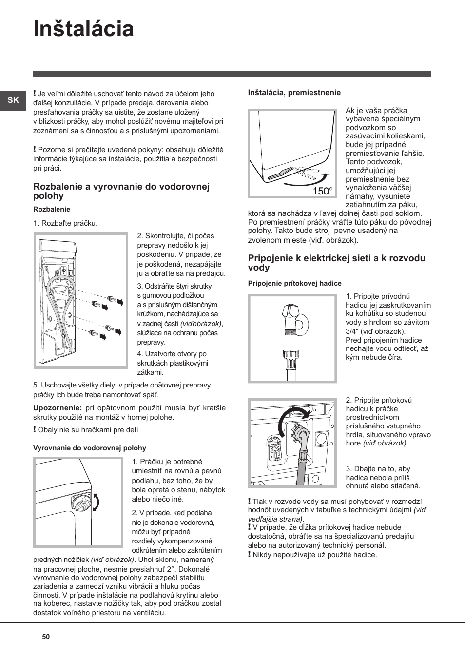 Inštalácia | Indesit WITL 125 User Manual | Page 50 / 72