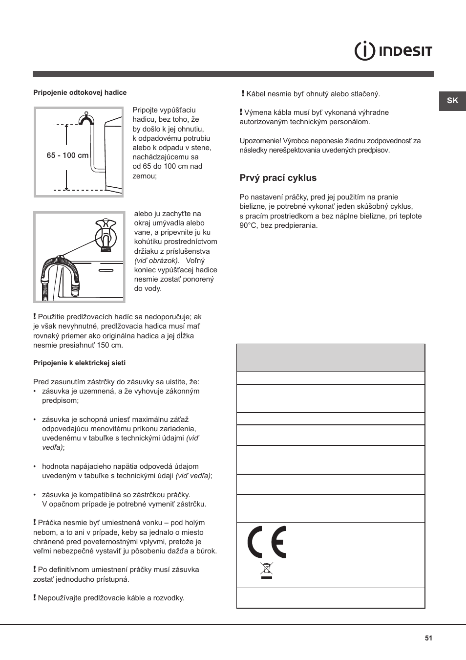 Prvý prací cyklus | Indesit WITL 125 User Manual | Page 51 / 72