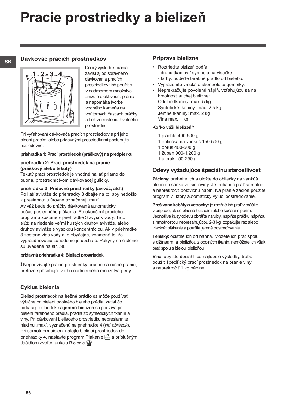 Pracie prostriedky a bielizeň | Indesit WITL 125 User Manual | Page 56 / 72