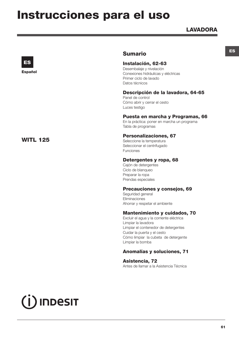 Instrucciones para el uso | Indesit WITL 125 User Manual | Page 61 / 72
