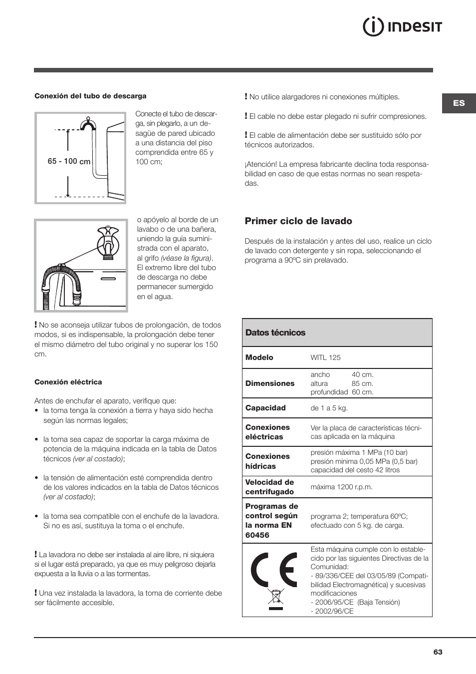 Primer ciclo de lavado | Indesit WITL 125 User Manual | Page 63 / 72