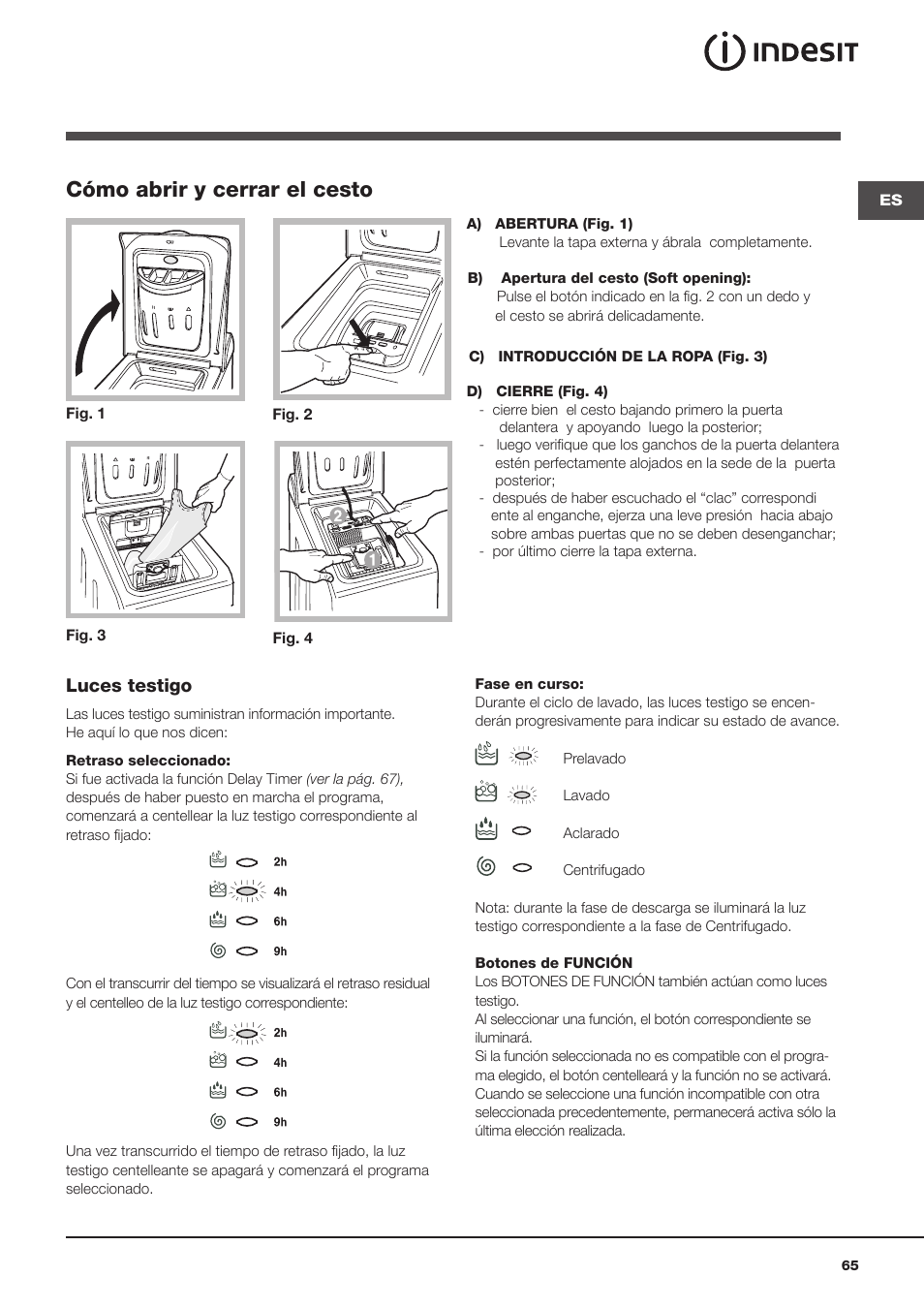 Cómo abrir y cerrar el cesto | Indesit WITL 125 User Manual | Page 65 / 72
