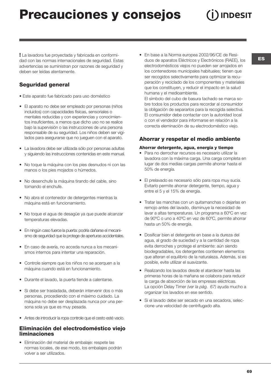 Precauciones y consejos | Indesit WITL 125 User Manual | Page 69 / 72
