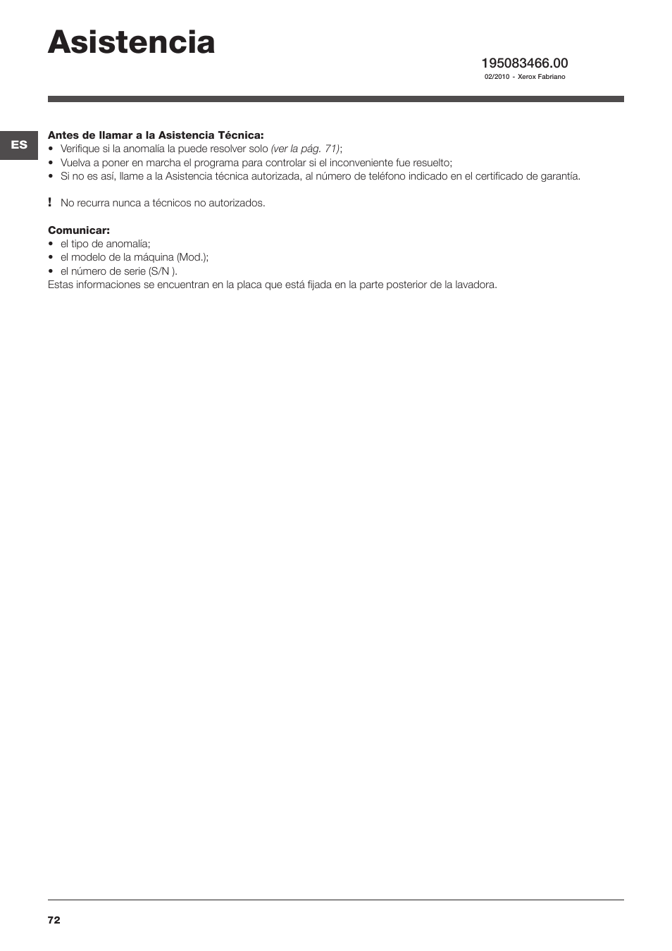 Asistencia | Indesit WITL 125 User Manual | Page 72 / 72