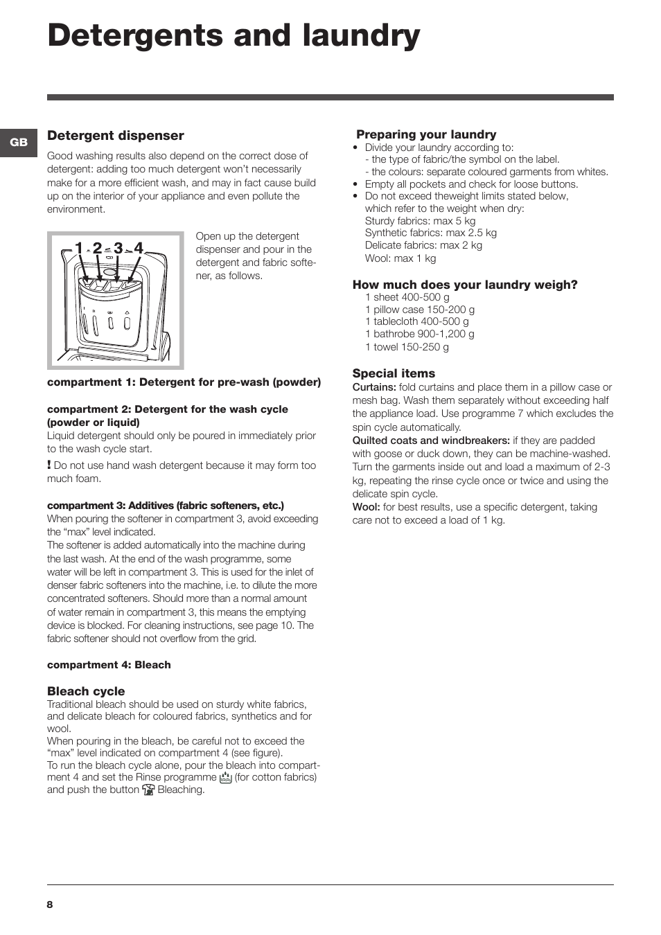 Detergents and laundry | Indesit WITL 125 User Manual | Page 8 / 72