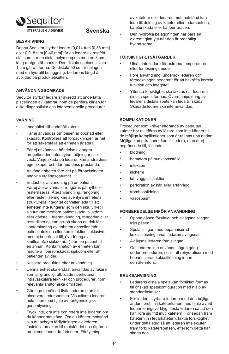 Svenska | Merit Medical Sequitor Steerable Guidewire User Manual | Page 45 / 48