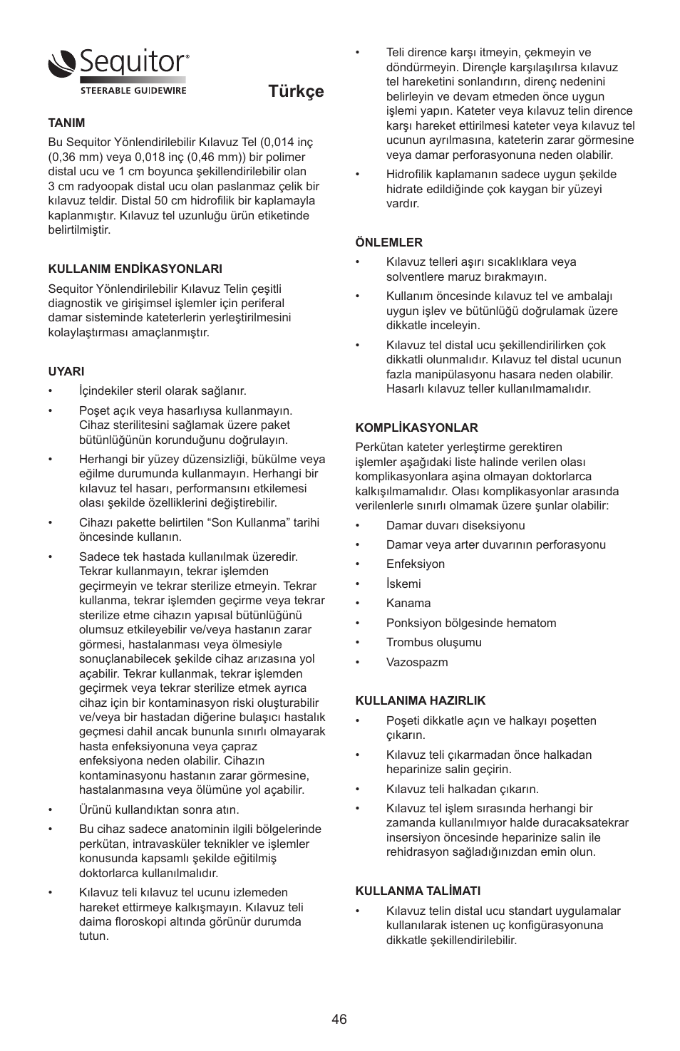 Türkçe | Merit Medical Sequitor Steerable Guidewire User Manual | Page 47 / 48