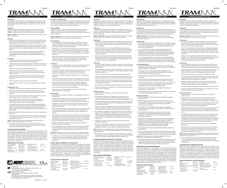 Merit Medical TRAM Transducer and Manifold User Manual | 2 pages