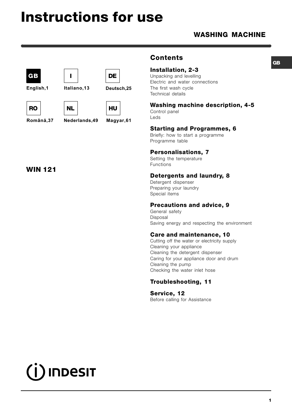 Indesit WIN 121 User Manual | 72 pages