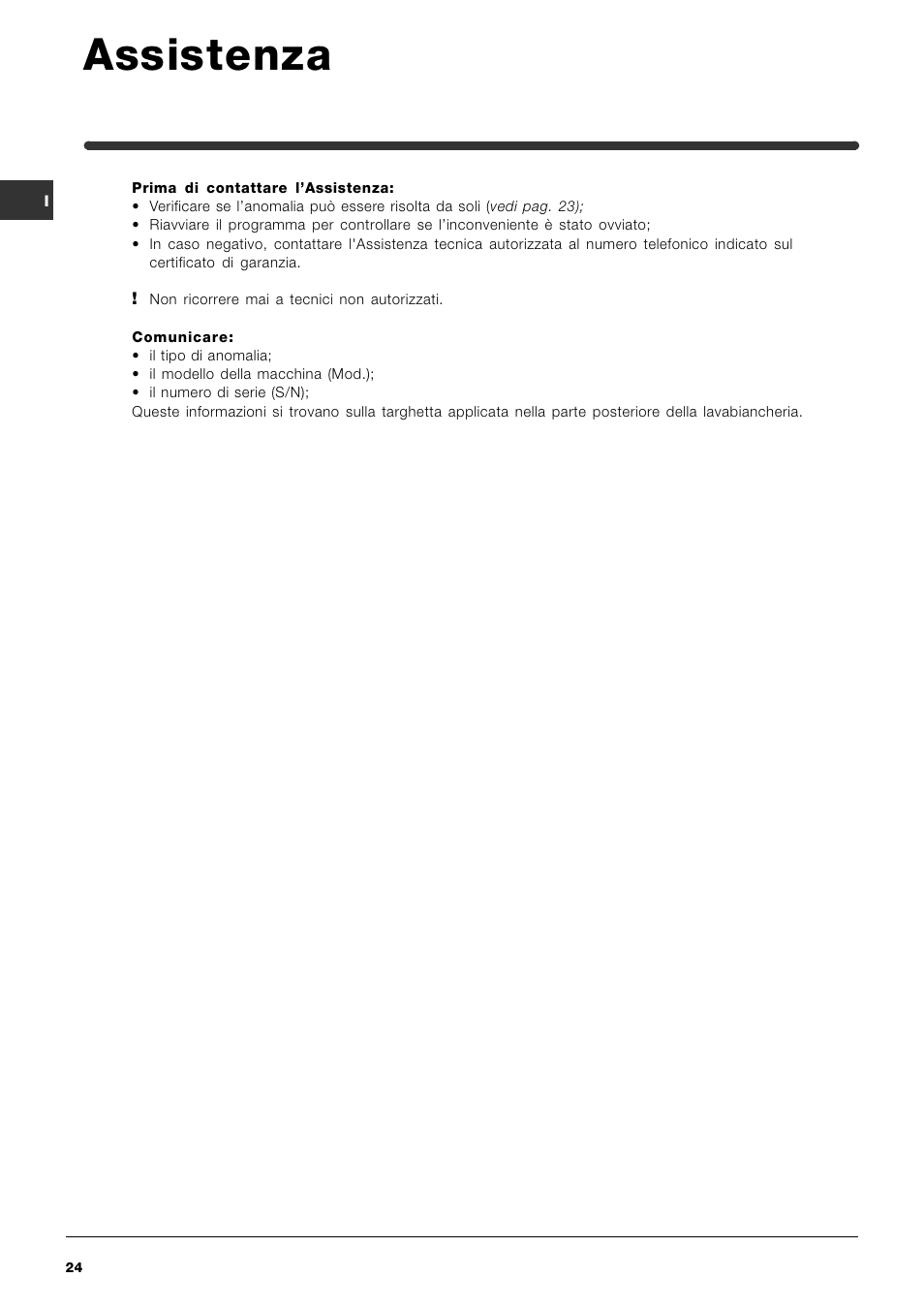 Assistenza | Indesit WIN 121 User Manual | Page 24 / 72