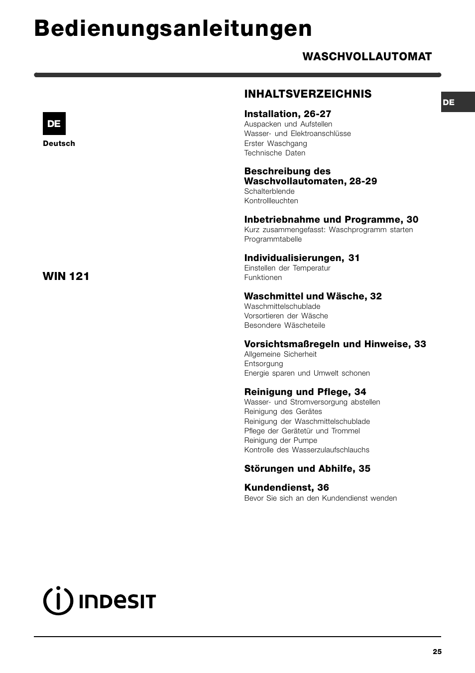 Indesit WIN 121 User Manual | Page 25 / 72