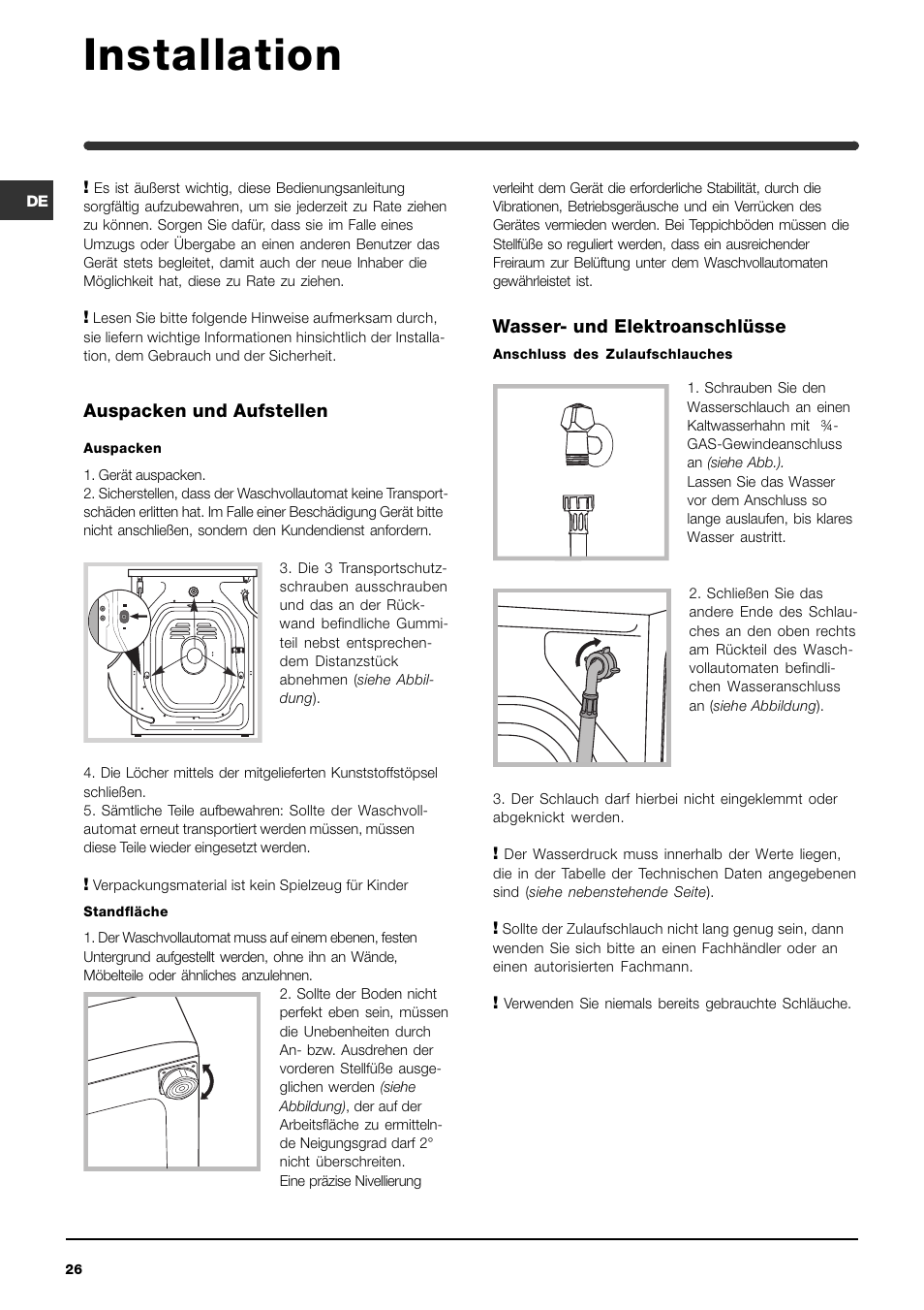 Installation, Auspacken und aufstellen, Wasser- und elektroanschlüsse | Indesit WIN 121 User Manual | Page 26 / 72