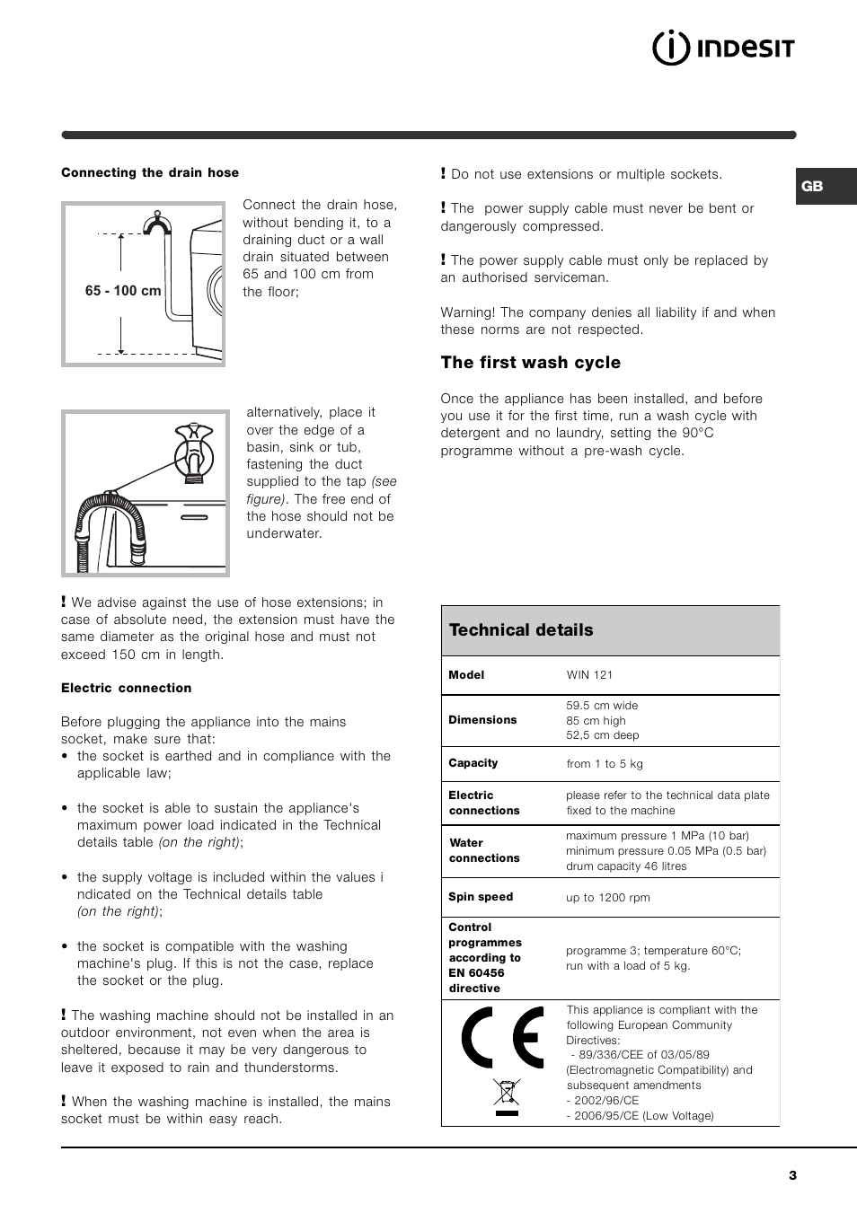 The first wash cycle, Technical details | Indesit WIN 121 User Manual | Page 3 / 72