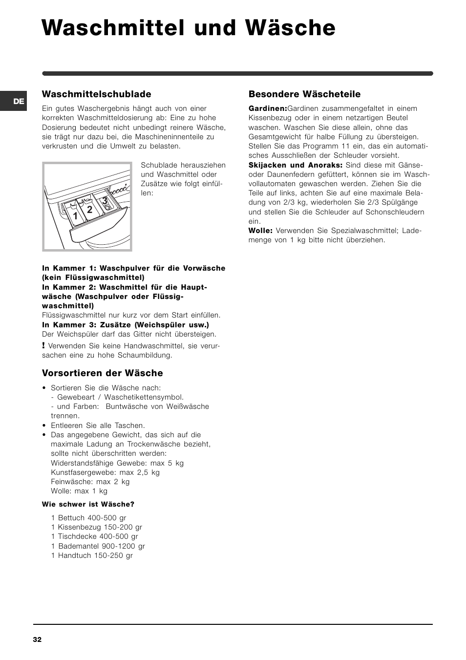 Waschmittel und wäsche | Indesit WIN 121 User Manual | Page 32 / 72
