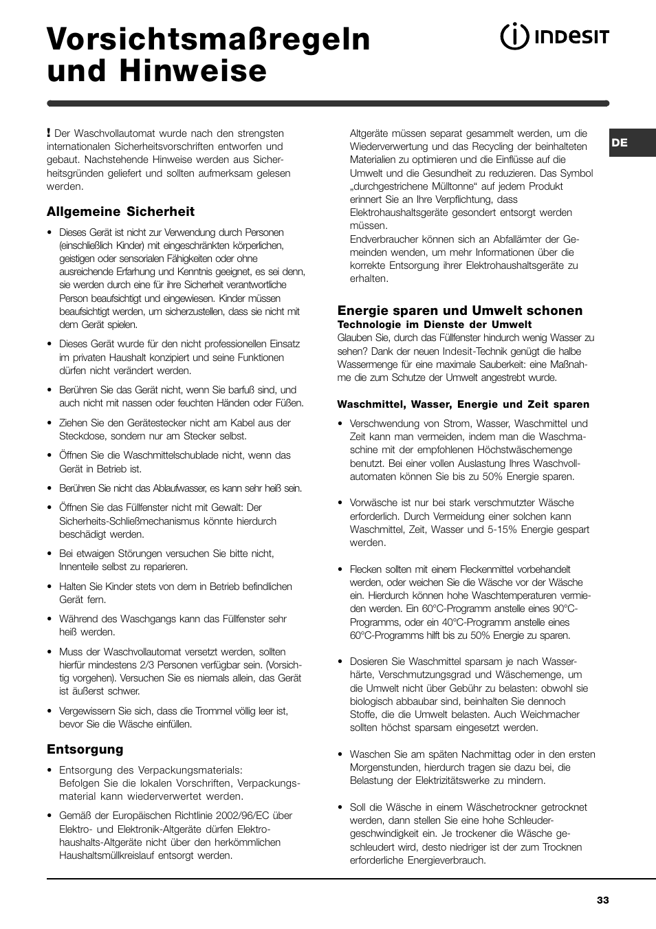 Vorsichtsmaßregeln und hinweise | Indesit WIN 121 User Manual | Page 33 / 72