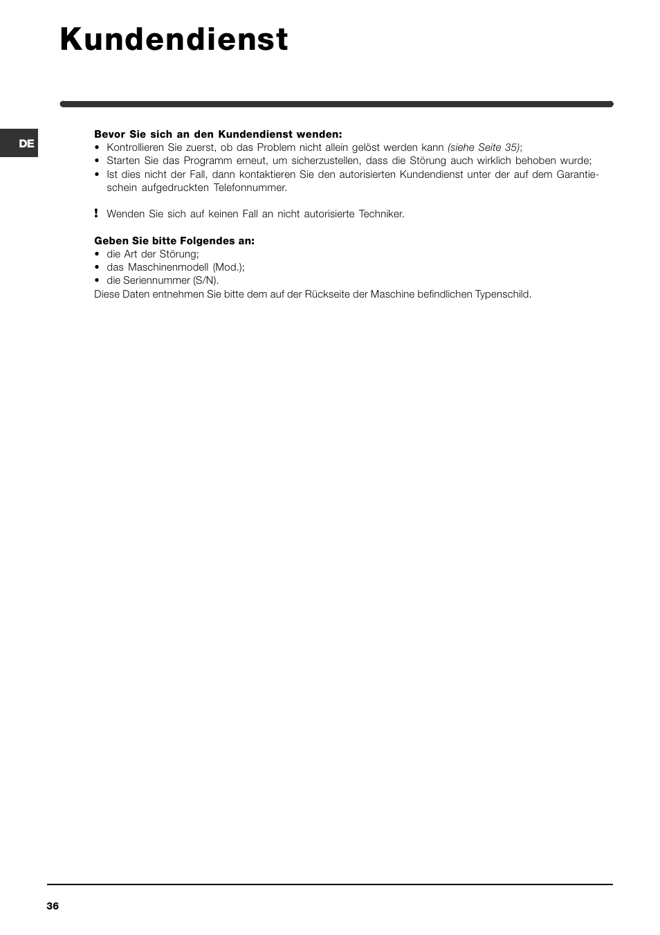Kundendienst | Indesit WIN 121 User Manual | Page 36 / 72