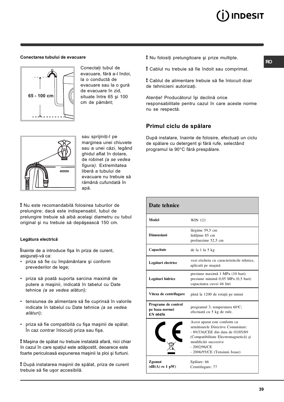 Primul ciclu de spãlare, Date tehnice | Indesit WIN 121 User Manual | Page 39 / 72