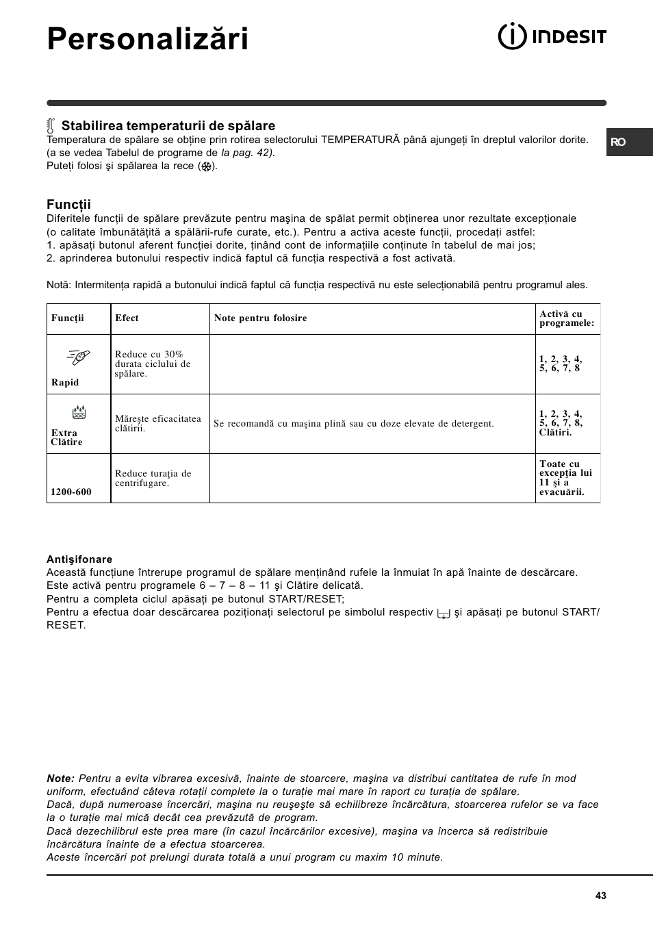 Personalizãri, Stabilirea temperaturii de spãlare, Funcþii | Indesit WIN 121 User Manual | Page 43 / 72