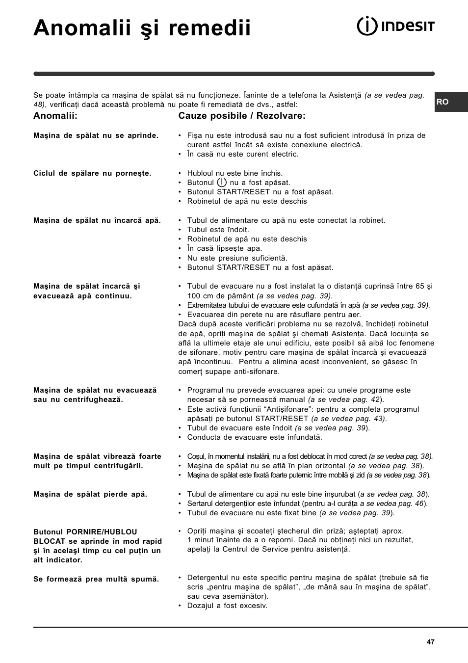 Anomalii ºi remedii | Indesit WIN 121 User Manual | Page 47 / 72