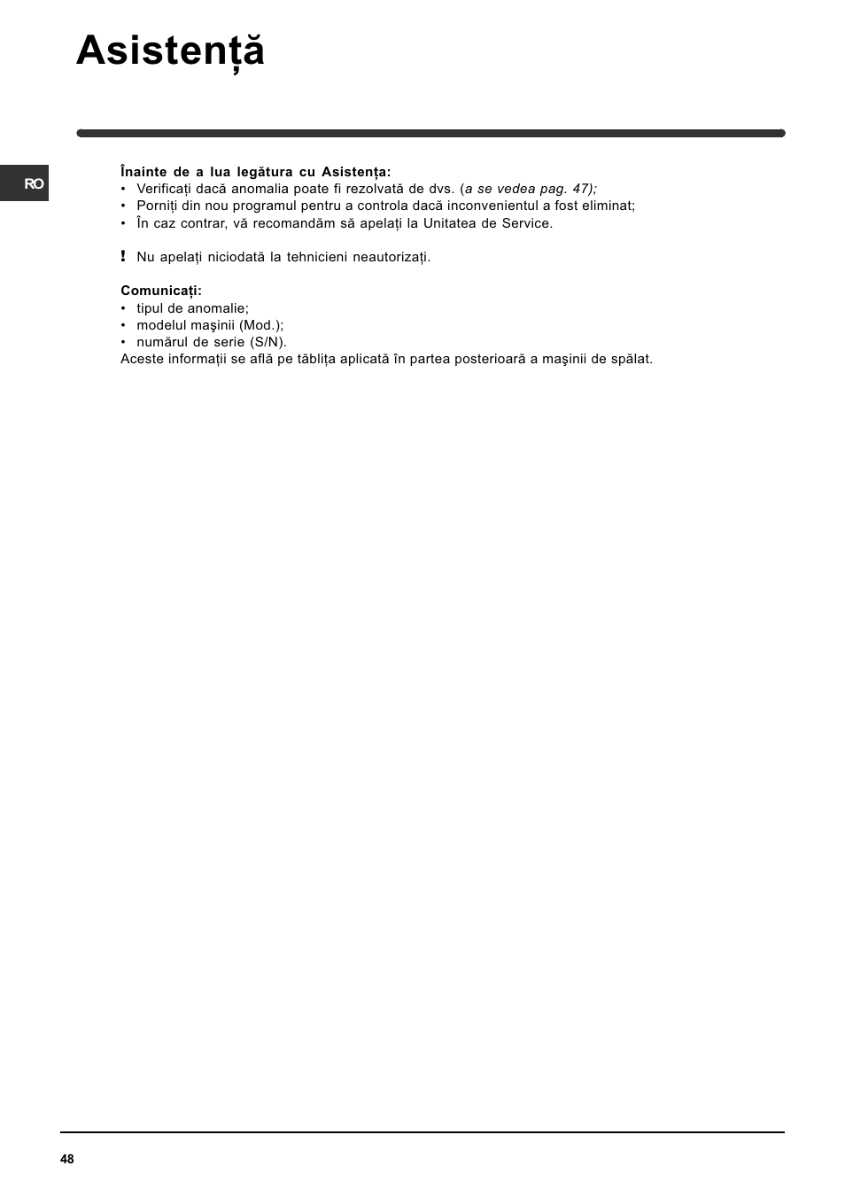 Asistenþã | Indesit WIN 121 User Manual | Page 48 / 72