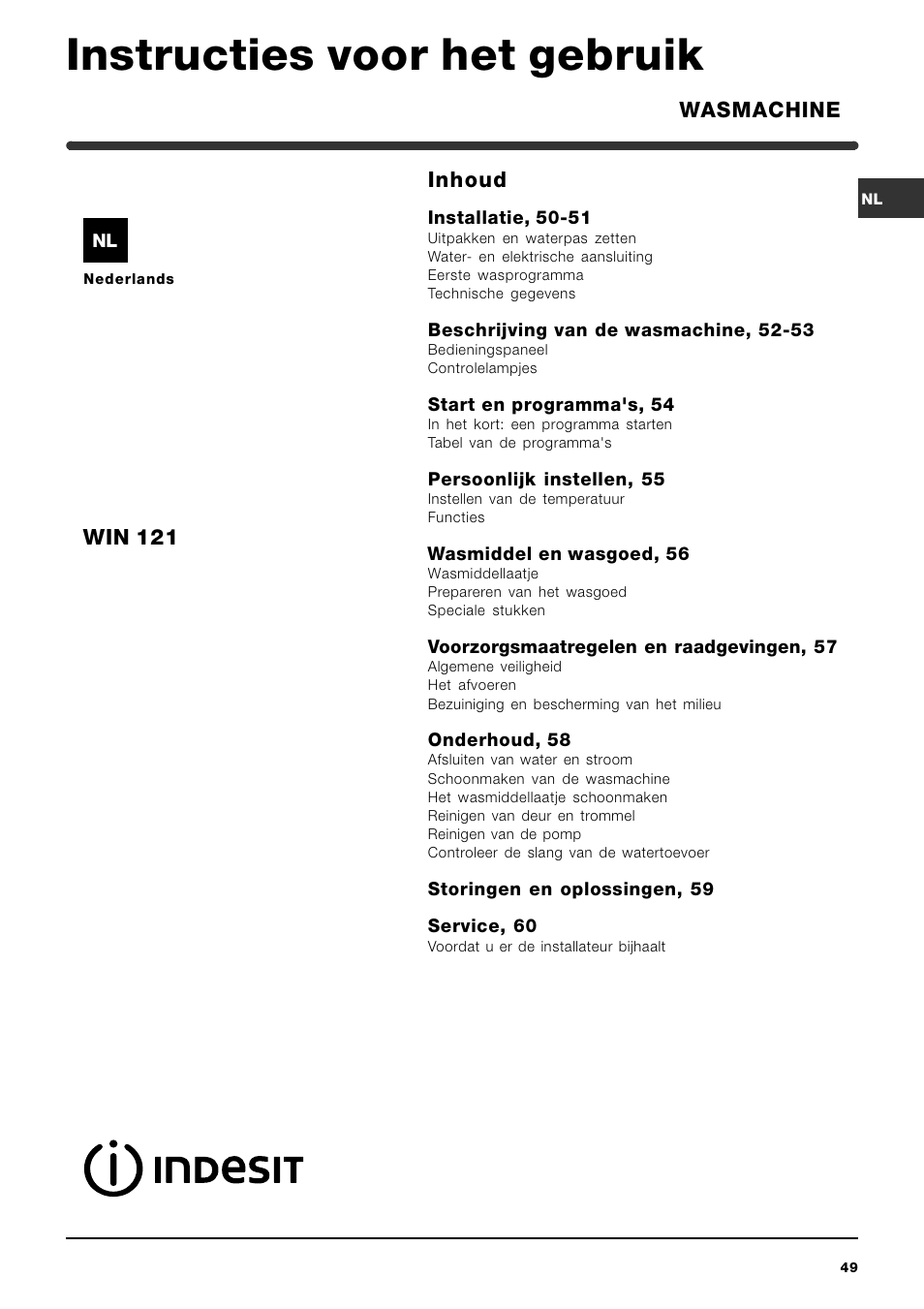 Instructies voor het gebruik, Inhoud, Wasmachine win 121 | Indesit WIN 121 User Manual | Page 49 / 72