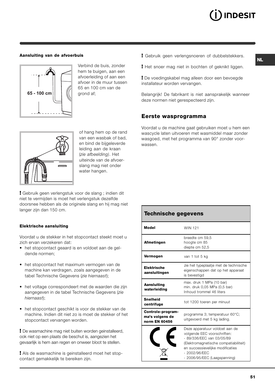 Eerste wasprogramma, Technische gegevens | Indesit WIN 121 User Manual | Page 51 / 72