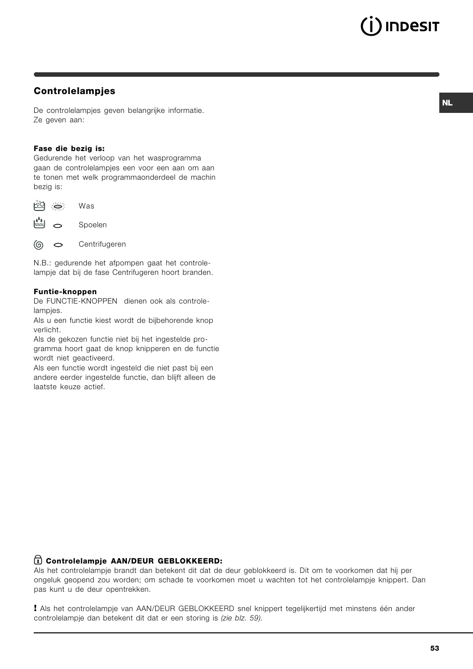 Controlelampjes | Indesit WIN 121 User Manual | Page 53 / 72
