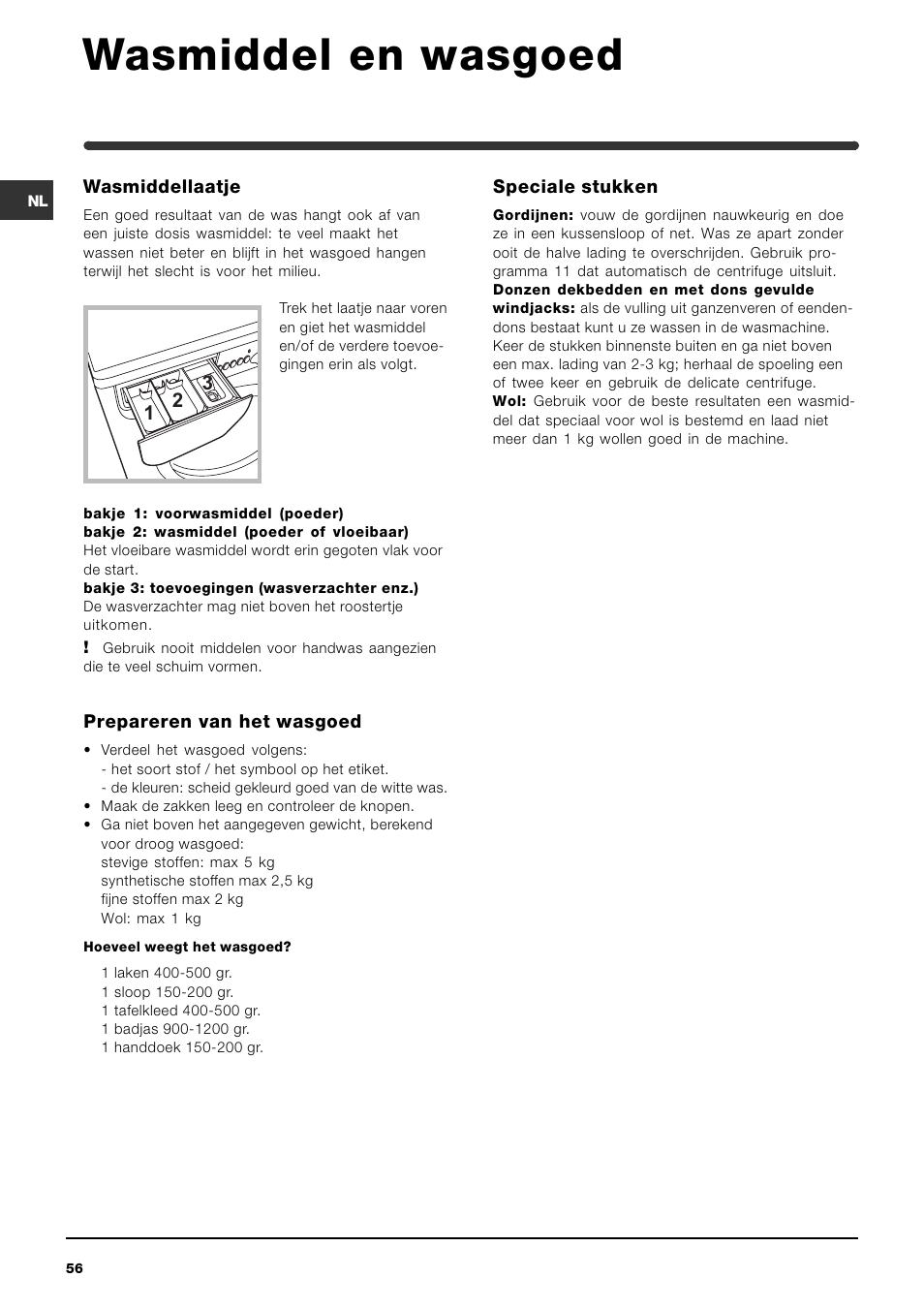 Wasmiddel en wasgoed | Indesit WIN 121 User Manual | Page 56 / 72