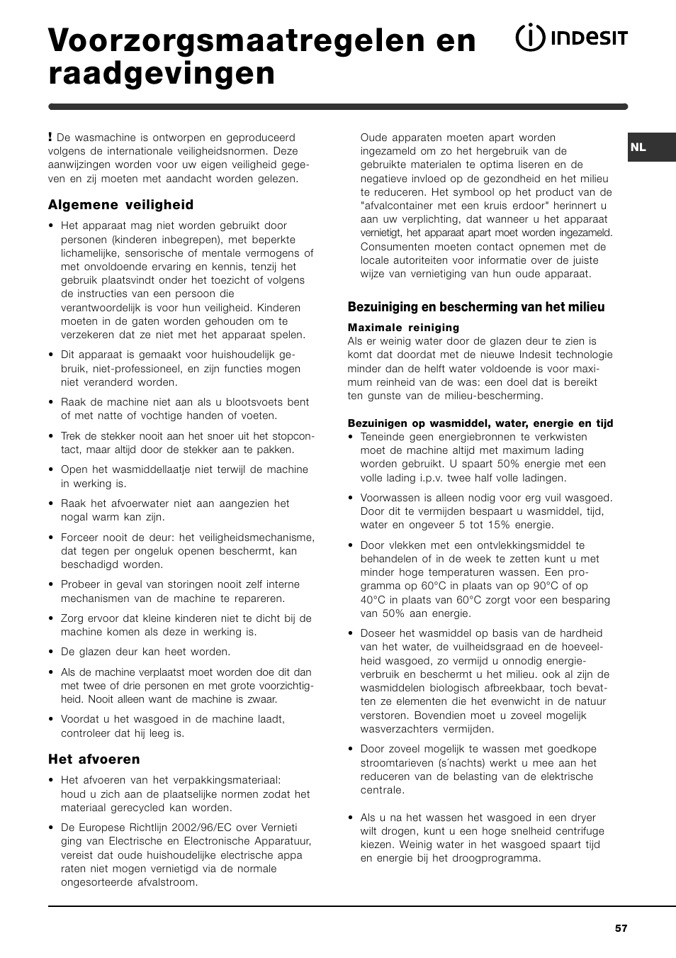 Voorzorgsmaatregelen en raadgevingen | Indesit WIN 121 User Manual | Page 57 / 72