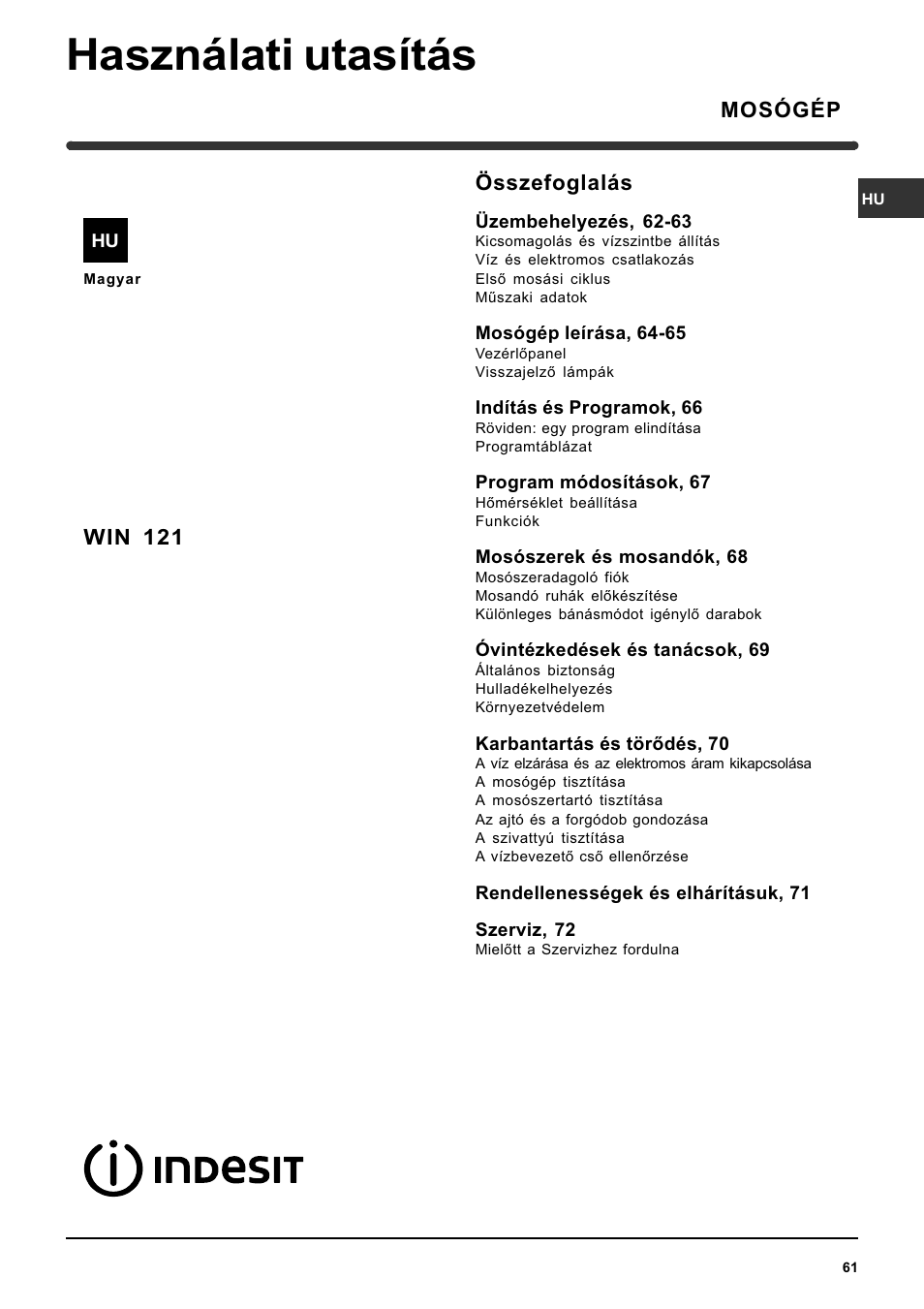Használati utasítás, Összefoglalás, Mosógép win 121 | Indesit WIN 121 User Manual | Page 61 / 72