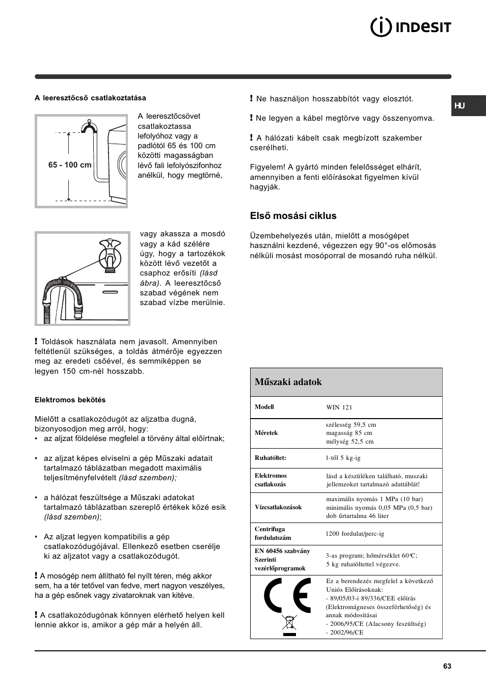 Elsõ mosási ciklus, Mûszaki adatok | Indesit WIN 121 User Manual | Page 63 / 72