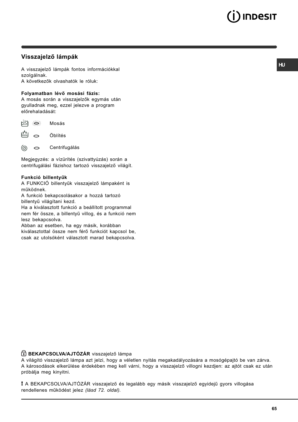 Visszajelzõ lámpák | Indesit WIN 121 User Manual | Page 65 / 72