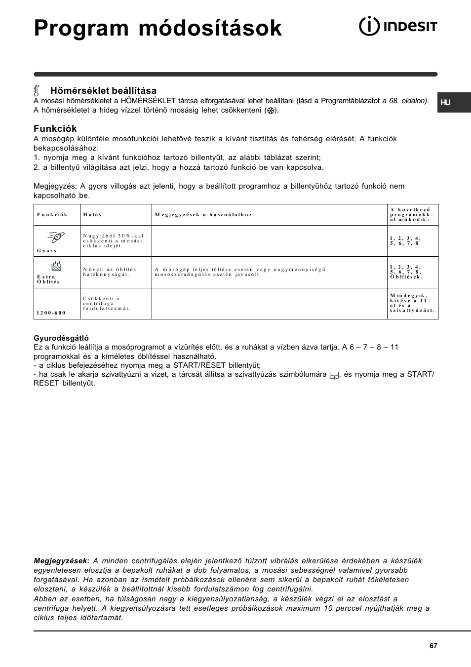 Program módosítások, Hõmérséklet beállítása, Funkciók | Indesit WIN 121 User Manual | Page 67 / 72