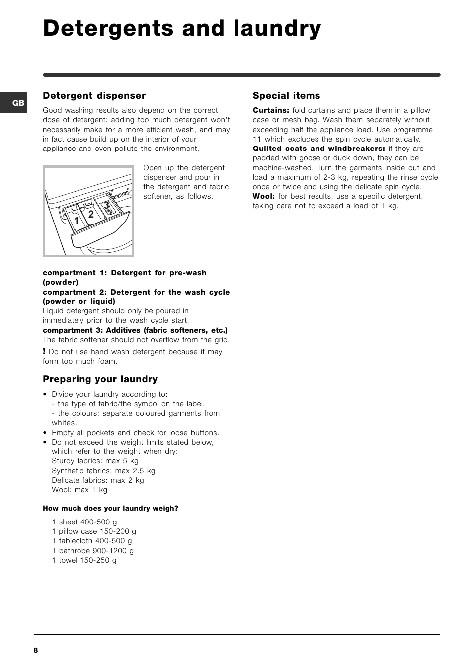 Detergents and laundry | Indesit WIN 121 User Manual | Page 8 / 72