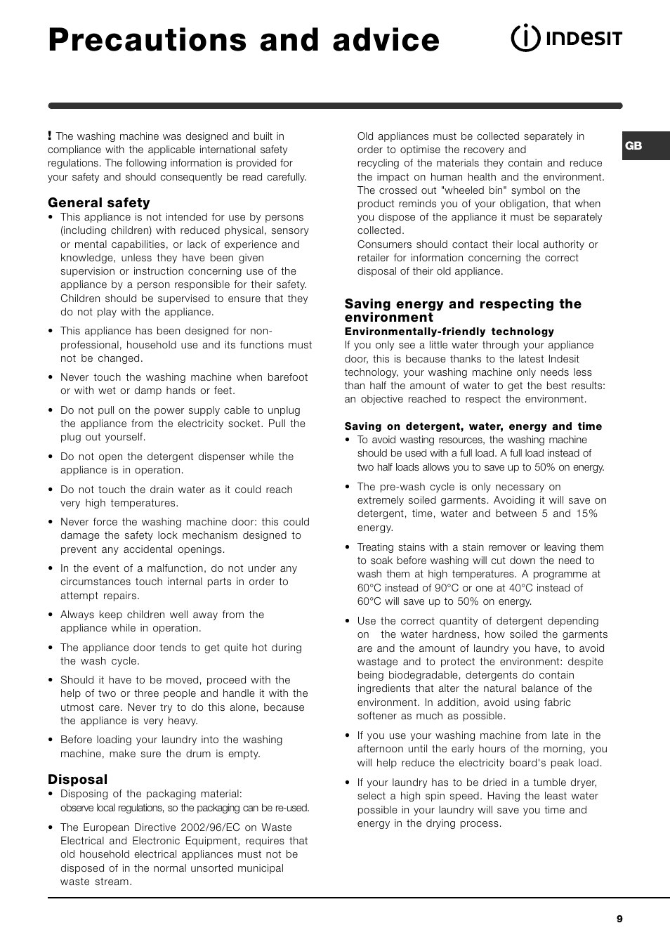 Precautions and advice, General safety, Disposal | Saving energy and respecting the environment | Indesit WIN 121 User Manual | Page 9 / 72