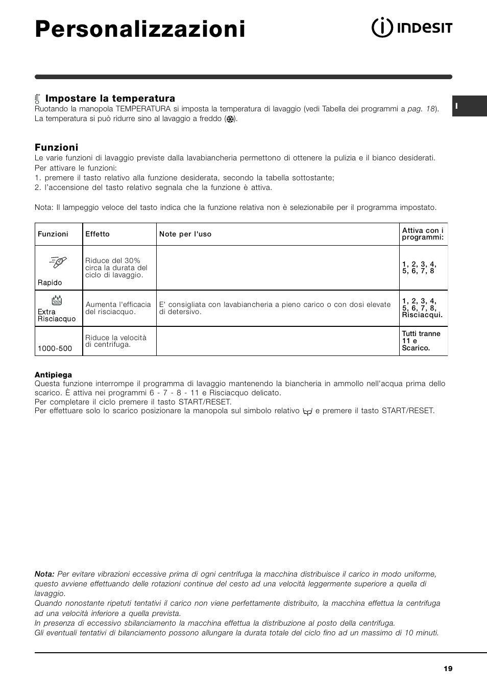 Personalizzazioni, Impostare la temperatura, Funzioni | Indesit WIN 101 User Manual | Page 19 / 72