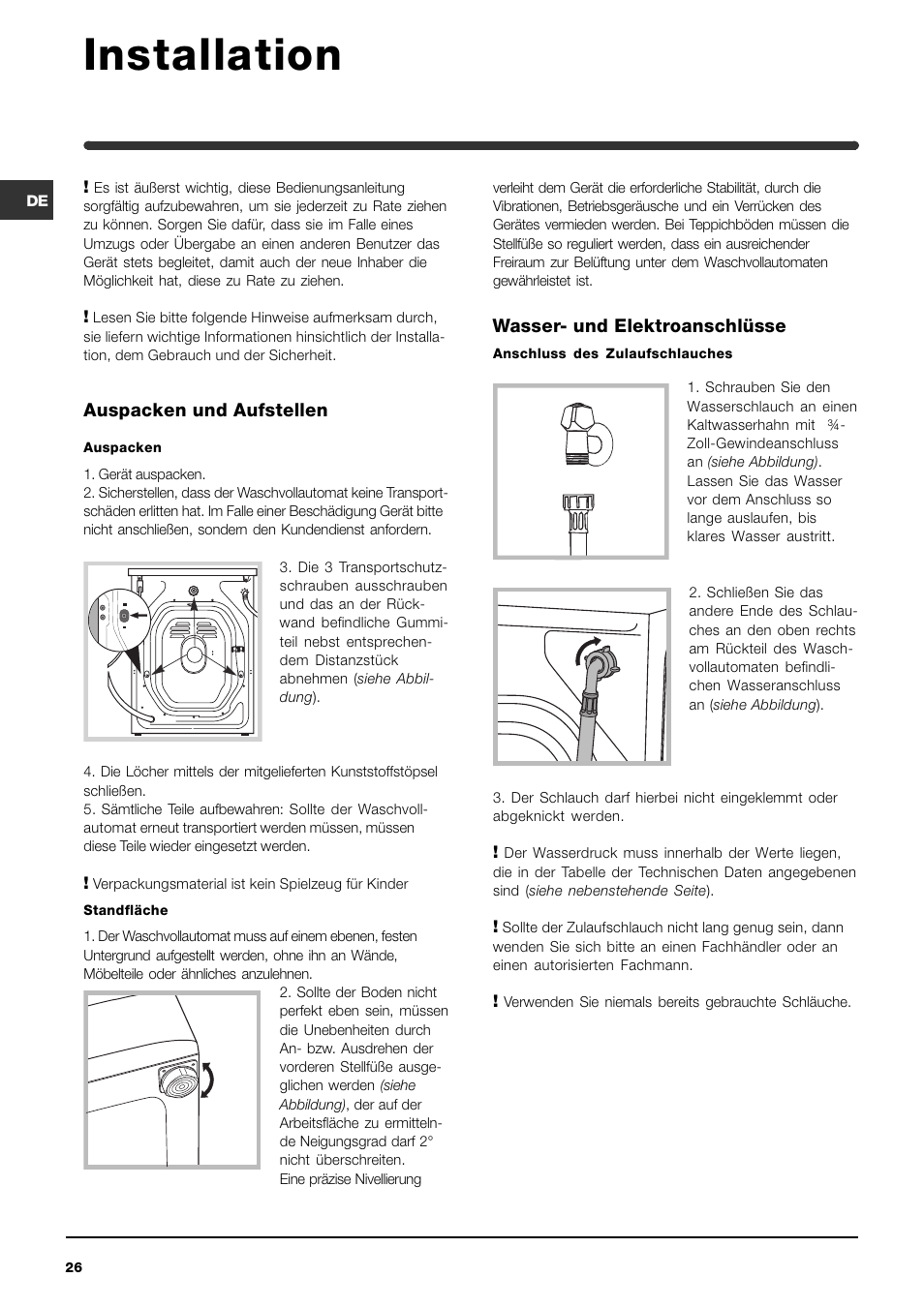 Installation, Auspacken und aufstellen, Wasser- und elektroanschlüsse | Indesit WIN 101 User Manual | Page 26 / 72