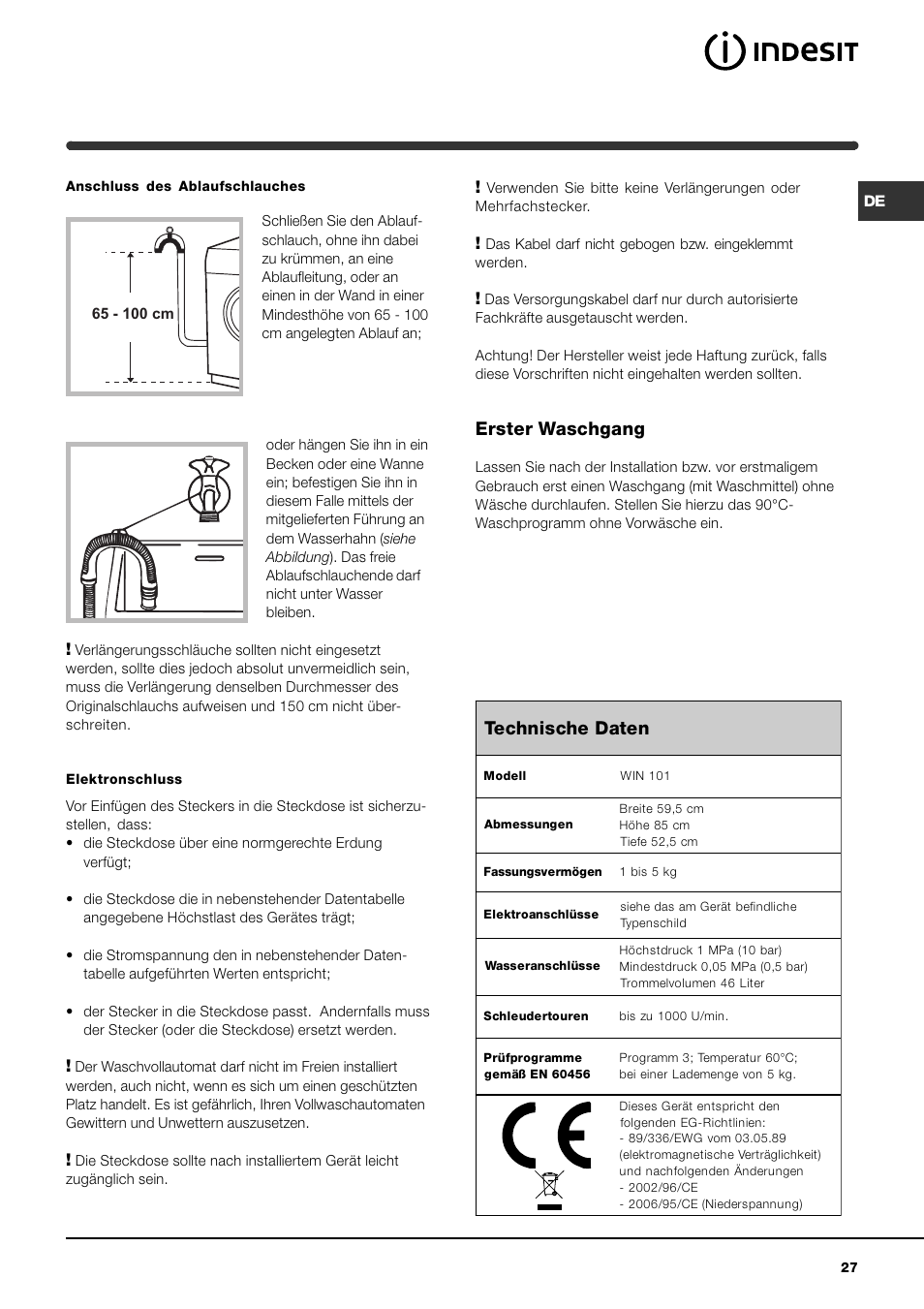 Erster waschgang, Technische daten | Indesit WIN 101 User Manual | Page 27 / 72