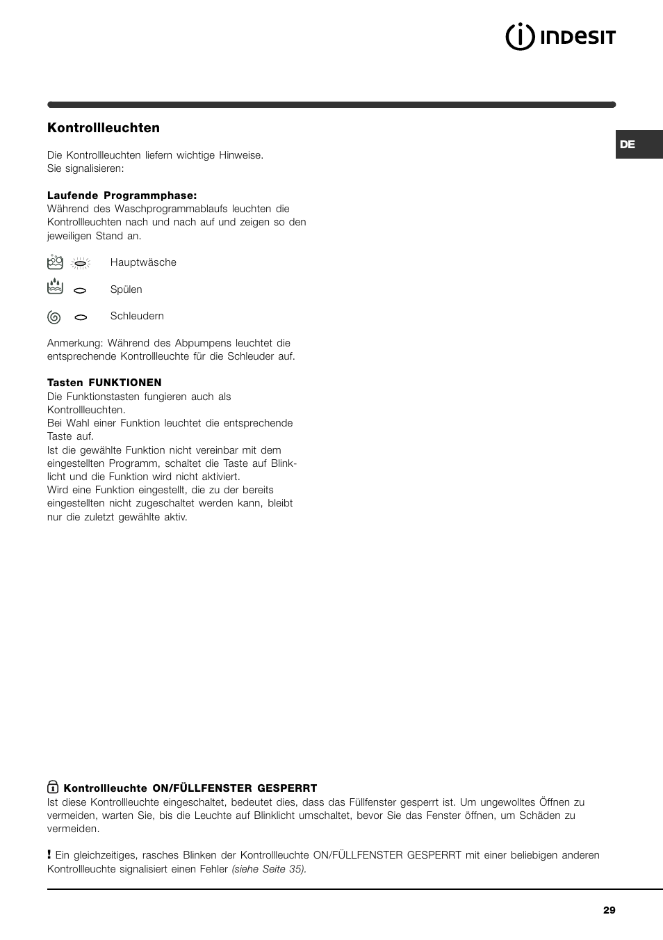 Kontrollleuchten | Indesit WIN 101 User Manual | Page 29 / 72