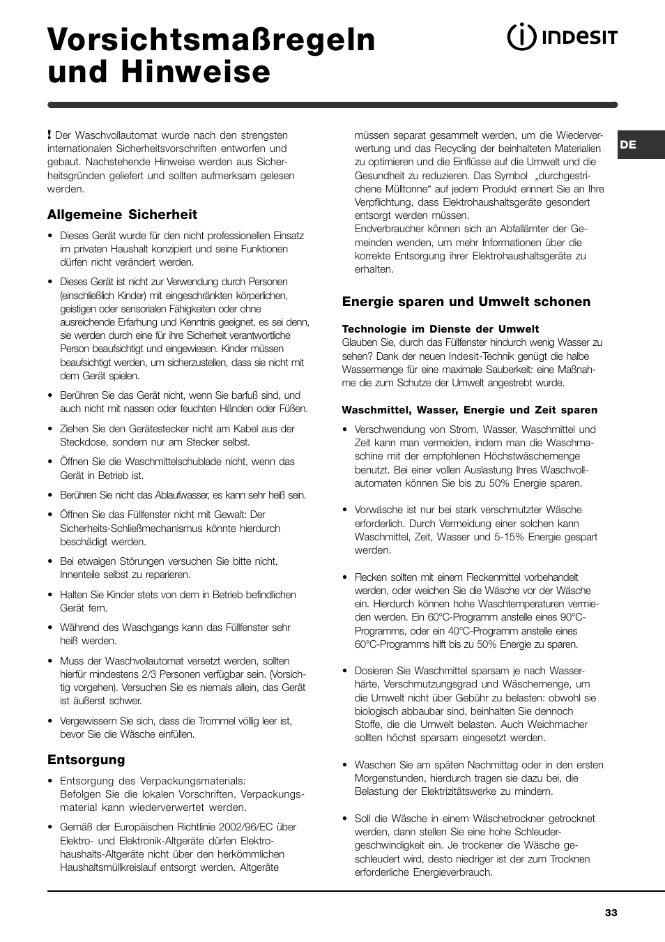 Vorsichtsmaßregeln und hinweise | Indesit WIN 101 User Manual | Page 33 / 72