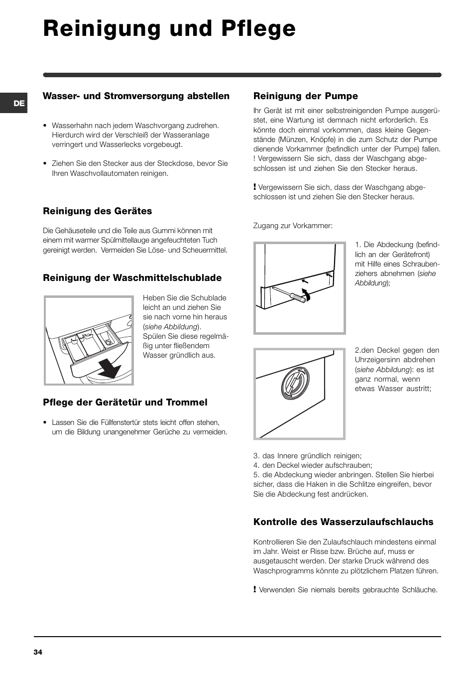 Reinigung und pflege | Indesit WIN 101 User Manual | Page 34 / 72