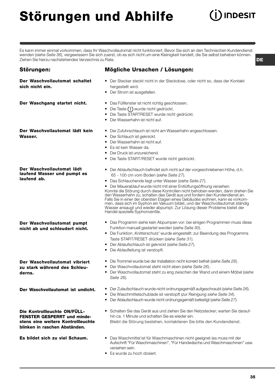 Störungen und abhilfe, Störungen, Mögliche ursachen / lösungen | Indesit WIN 101 User Manual | Page 35 / 72
