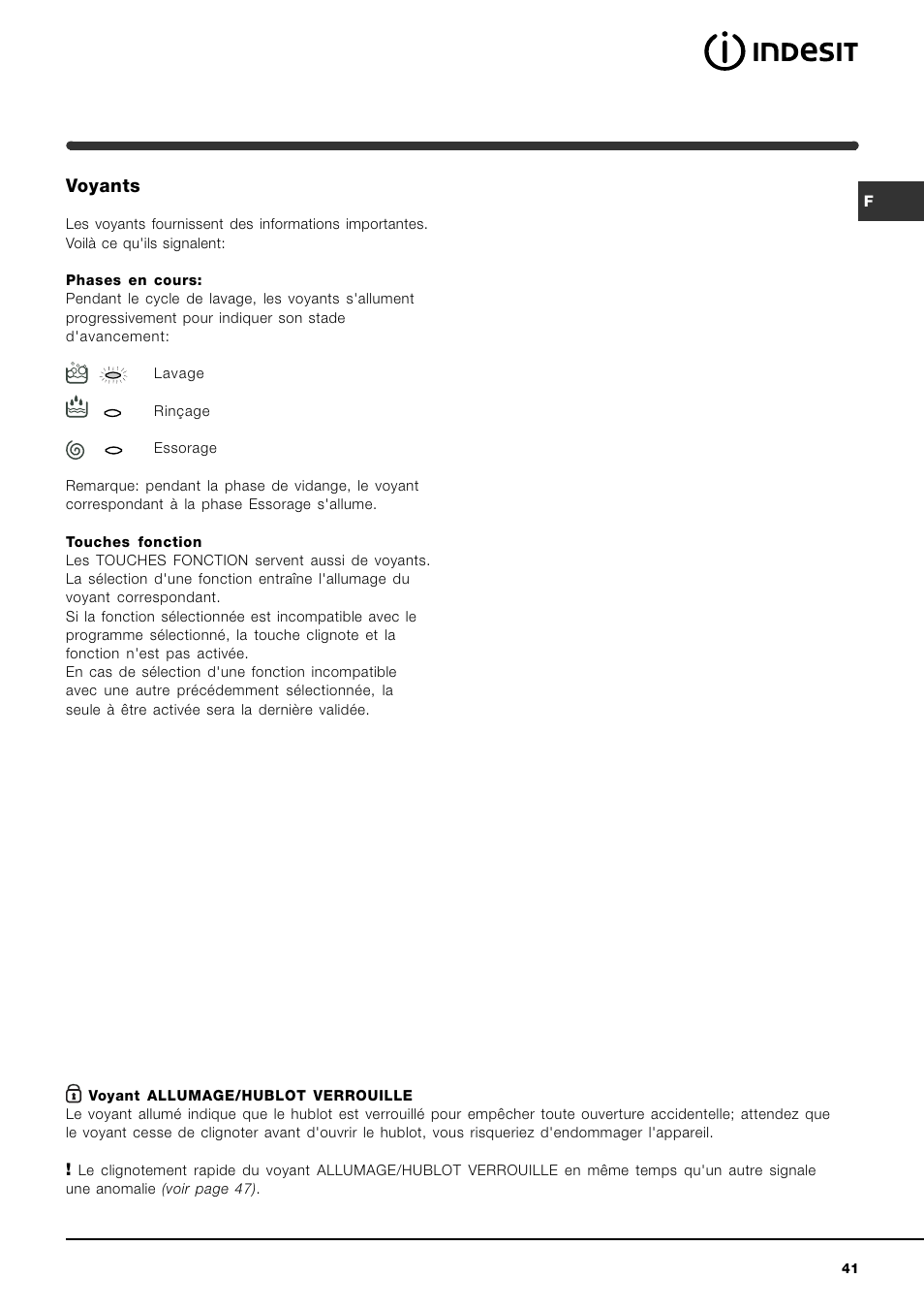 Voyants | Indesit WIN 101 User Manual | Page 41 / 72