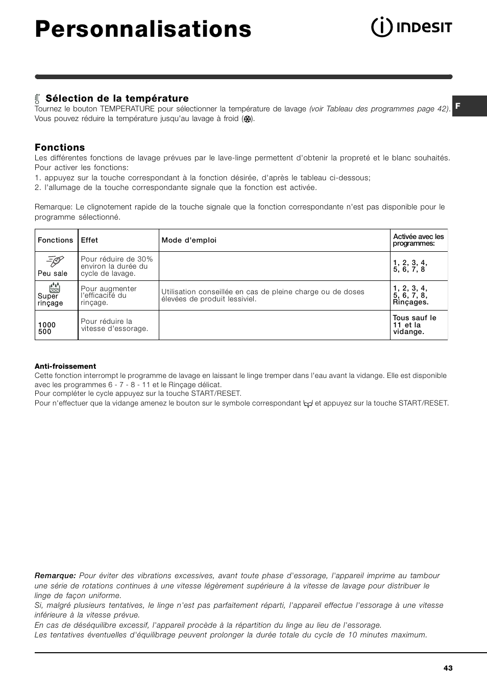 Personnalisations, Sélection de la température, Fonctions | Indesit WIN 101 User Manual | Page 43 / 72