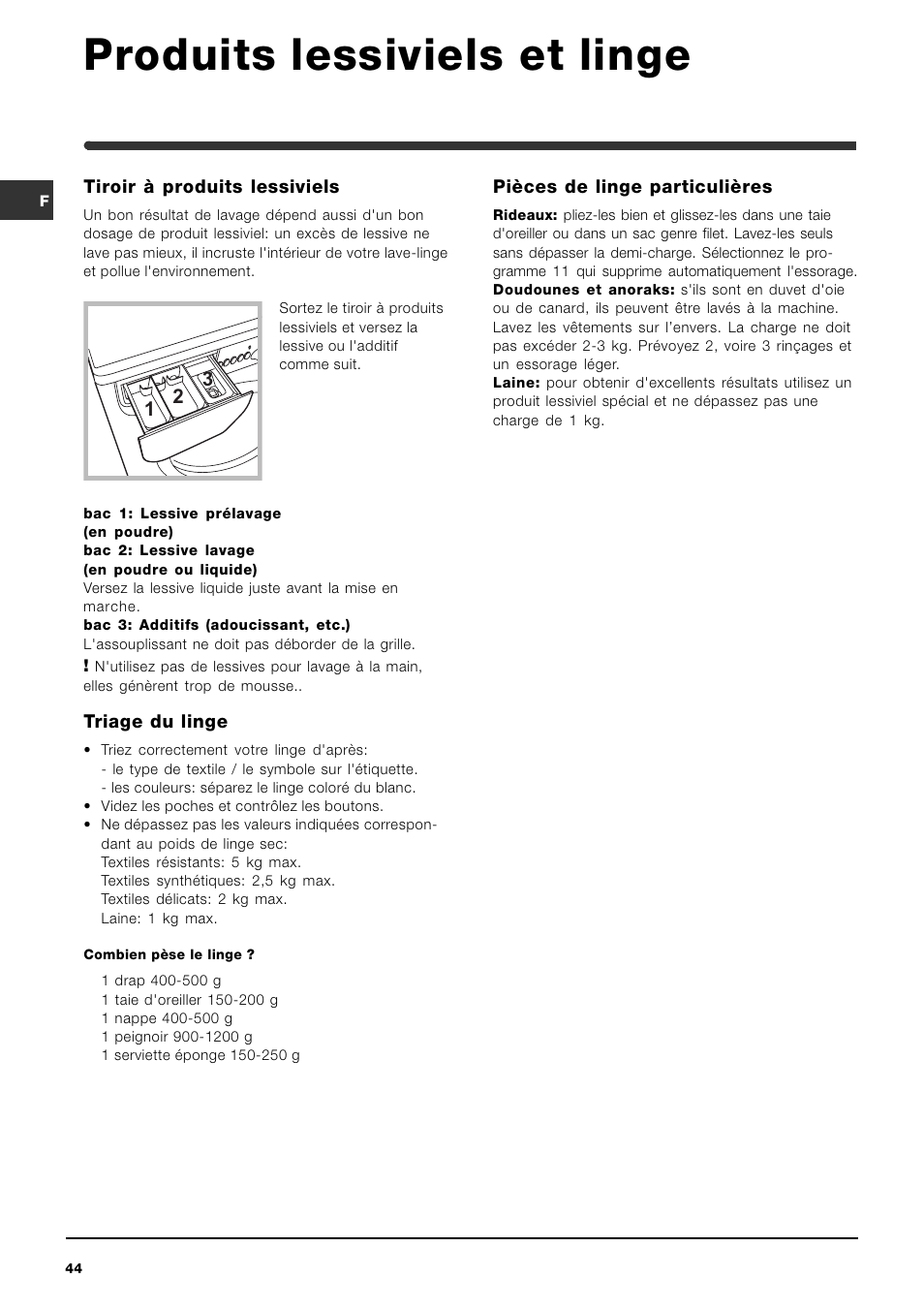 Produits lessiviels et linge | Indesit WIN 101 User Manual | Page 44 / 72